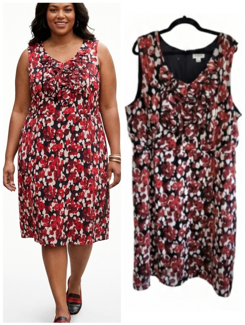 Avenue sleeveless dress with ruffles Women's Plus Size 26 red, white & black